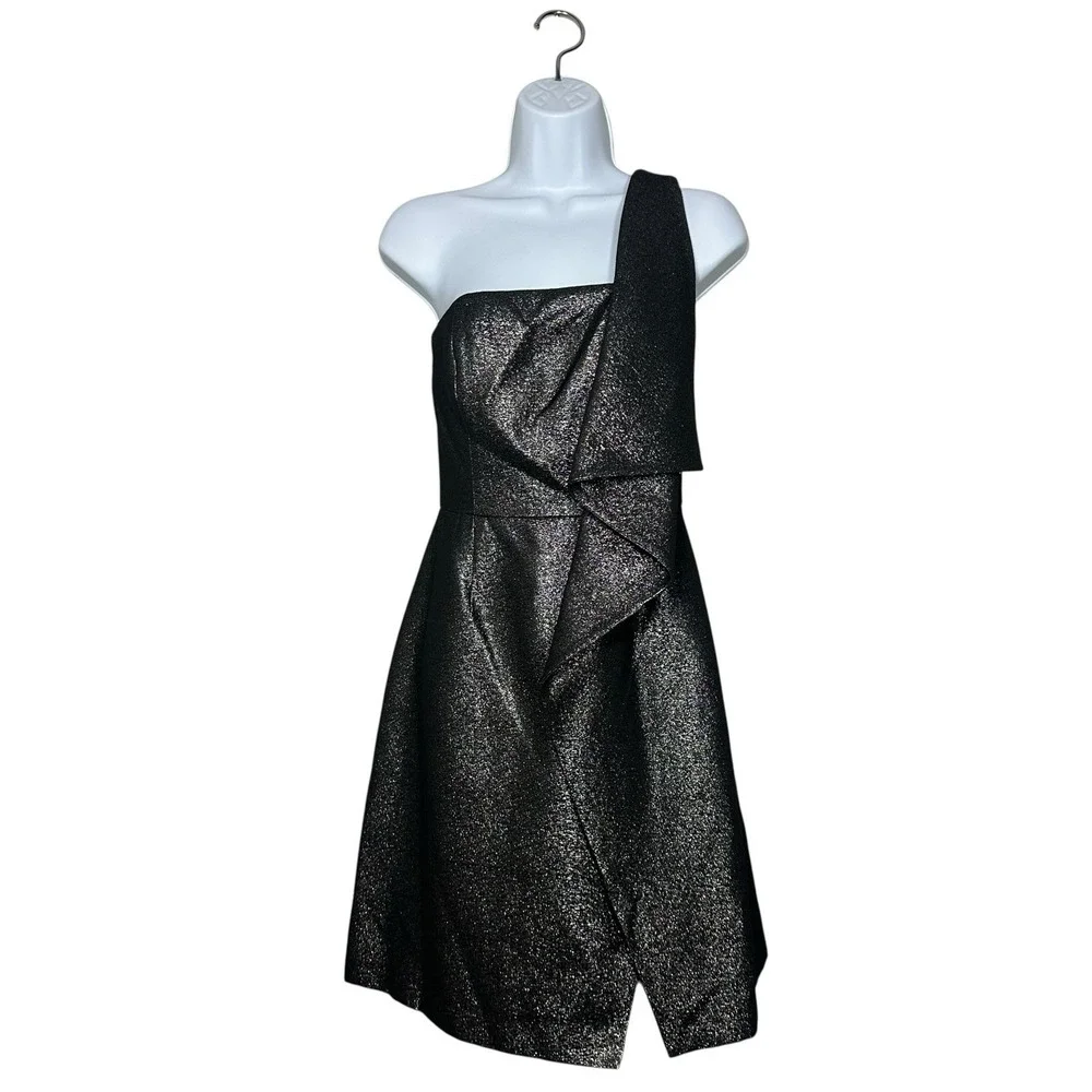 Halston Heritage NWT Black Metallic One Shoulder Draped Cocktail‎ Dress Size 0
